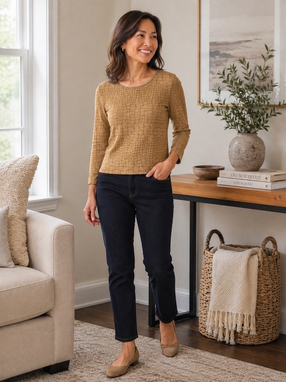 Talbots Petites Textured Crocodile Print Knit Top Size Medium